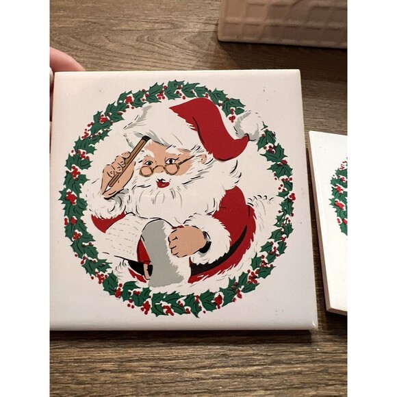Jasco 1981 Vintage Christmas Ceramic Tile Trivets 2 Santa Claus White Red 4”x4” - Picture 2 of 5